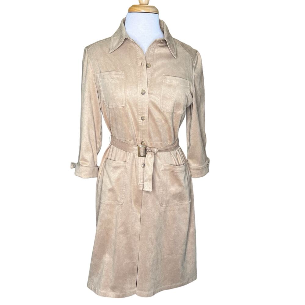 Talbots Petites Women’s Tan Faux Suede Belted Shirt Dress Size 8 EUC